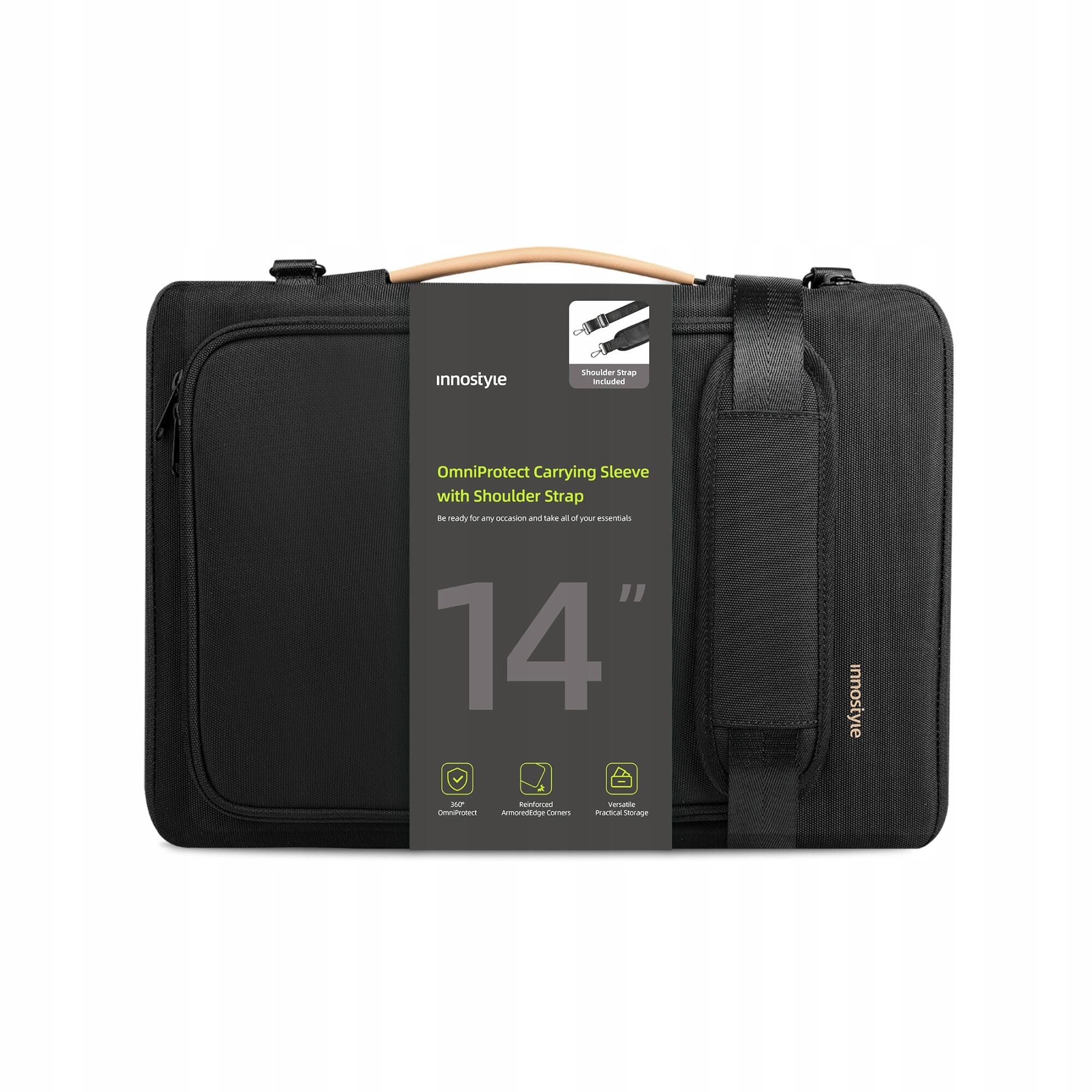 Husa pentru laptop 14", Innostyle, OmniProtect, waterproof, neagra, dimensiuni 36x26x5cm, set cu curea detasabila