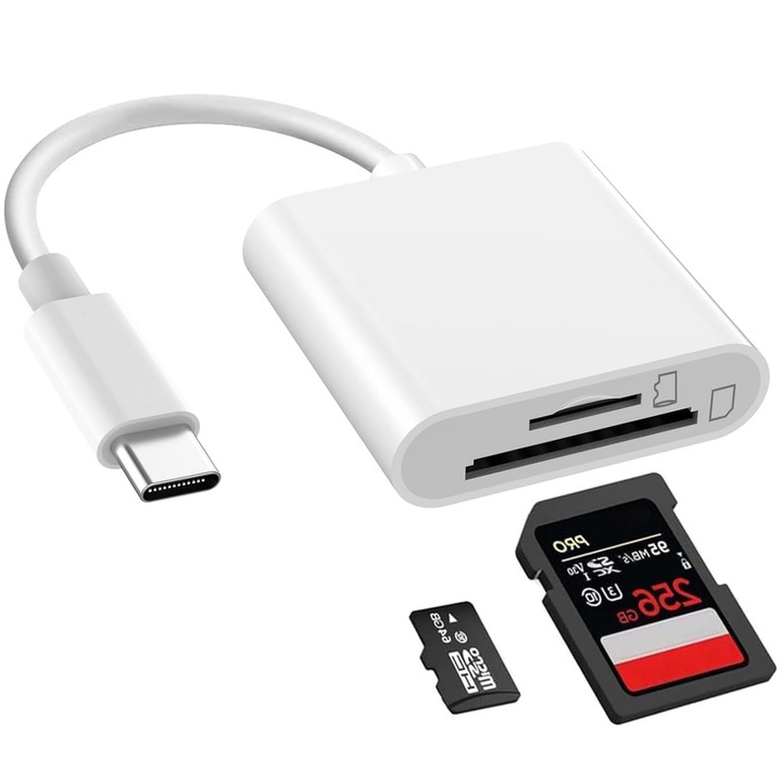Kártyaolvasó, dupla foglalat, gyors átvitel, Micro SD/TF - USB-C, USB Type C, akár 256 GB, fehér