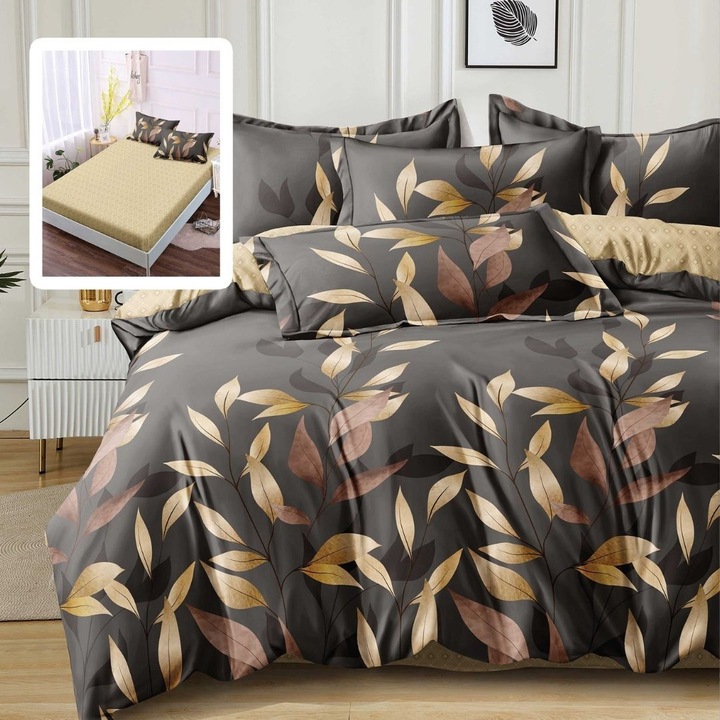 Двойно спално бельо Finet Gros 6 части, NufJoy®, Втален чаршаф за матрак 160x200 см или 180x200 см, чаршаф за завивка 200x230 см, 2 калъфки за възглавници 70x70 см, 2 калъфки за възглавници 50x70 см Tena Black
