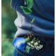 Tablou Canvas, "Floare albastra la brau de blugi", Flori, Albastru, Blugi, Frunze, Natura, Esarfa, Tandrete, Casual, Verde, Detaliu, 100 x 100cm