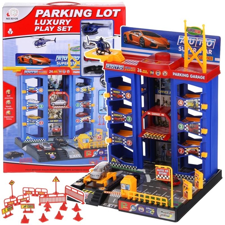 Autó garázs lifttel, Nobo Kids, 3 kisautó, helikopter, 48x34x44cm