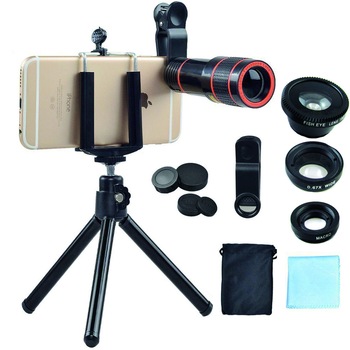 Set 4 in 1 lentile profesionale - Teleobiectiv 12x, Fisheye, Macro, Wide si Mini trepied pentru telefoane cu clema de prindere - Phuture® Set 4 in 1 lentile profesionale - Teleobiectiv 12x, Fisheye, Macro, Wide si Mini trepied pentru telefoane cu clema de prindere - Phuture®