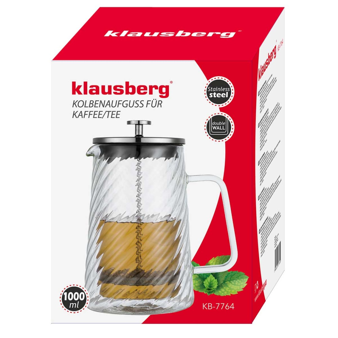 Cafetiere termica Klausberg, 1000ml, sticla borosilicata, inox, roz aurie, 13.8x21.8cm