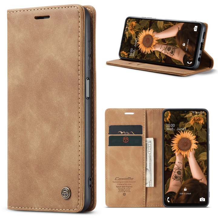 Husa pentru Samsung Galaxy A23, A23 5G, CaseMe, slim piele, tip portofel, stand, inchidere magnetica, textura catifelata, Maro