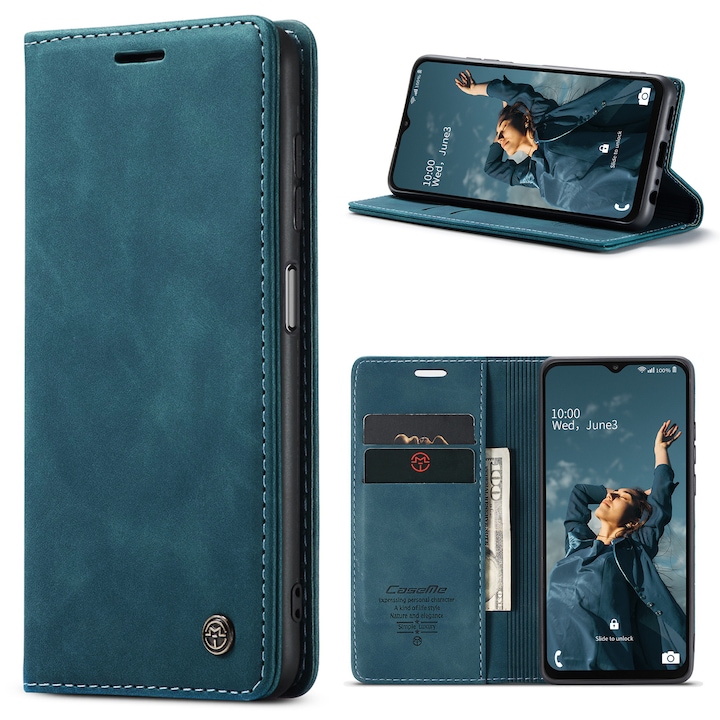 Husa pentru Samsung Galaxy A23, A23 5G, CaseMe, slim piele, tip portofel, stand, inchidere magnetica, textura catifelata, Albastru verzui