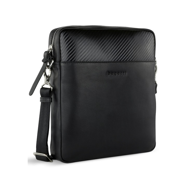 Férfi válltáska, Bugatti, 492209, fekete valódi bőr, állítható pánt, több zseb