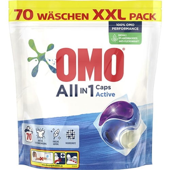 OMO All in 1 Active mosószer, 70 kapszulás készlet, 1,8 kg, szagsemlegesítő, szintetikus és pamut anyagokhoz
