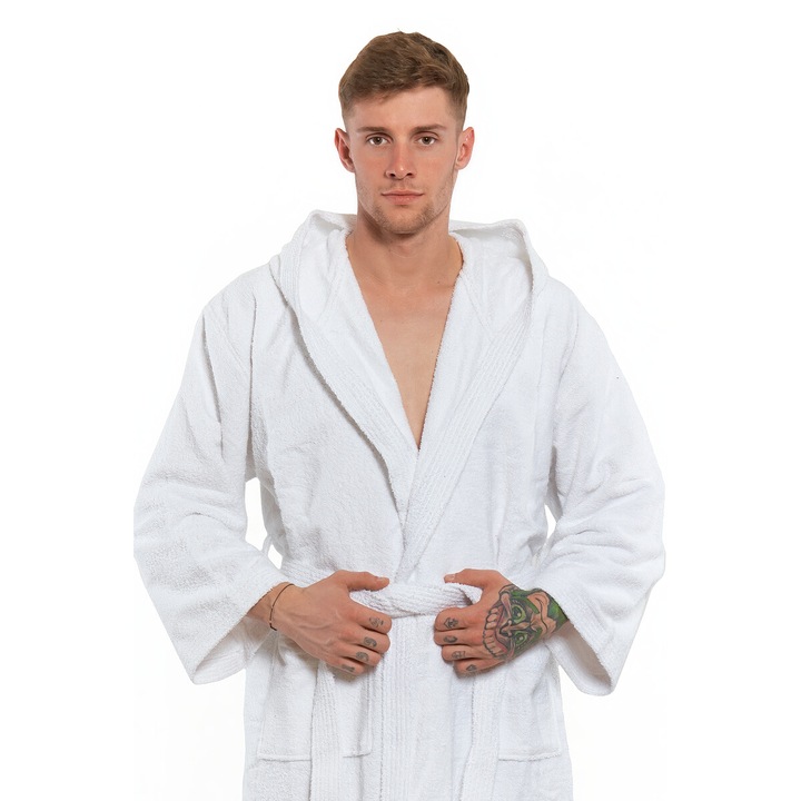 Halat de baie barbatesc din bumbac cu broderie si gluga 01 Alb
