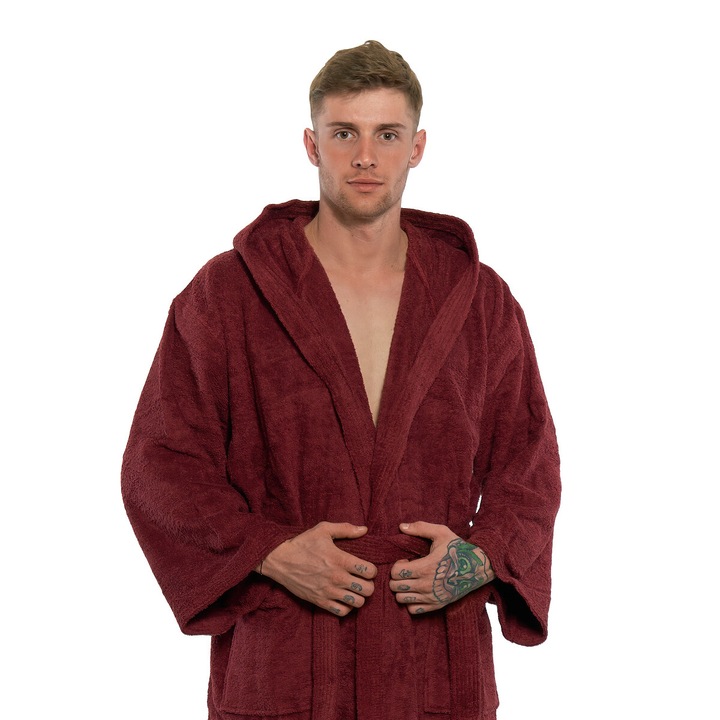 Halat de baie barbati, Interkontakt, cu broderie, bordeaux, 100% bumbac, marimi S-XXXL, set disponibil