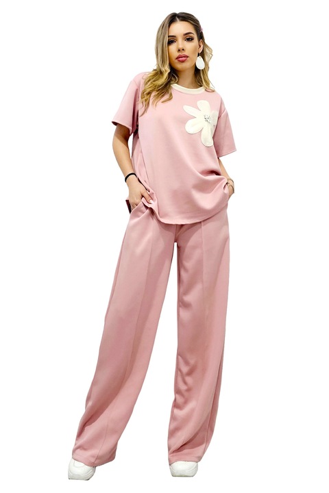 Compleu casual CRYSSA, bluza oversize cu accesoriu in relief si pantaloni lungi, Roz, Marime universala S/M/L, FashionForYou