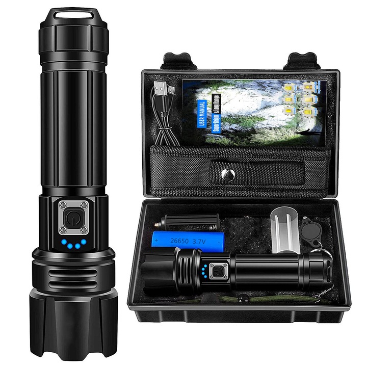 HERUSI P70 zseblámpa, alumínium, vízálló, USB 5V, 3000 lumen, teleszkópos zoom