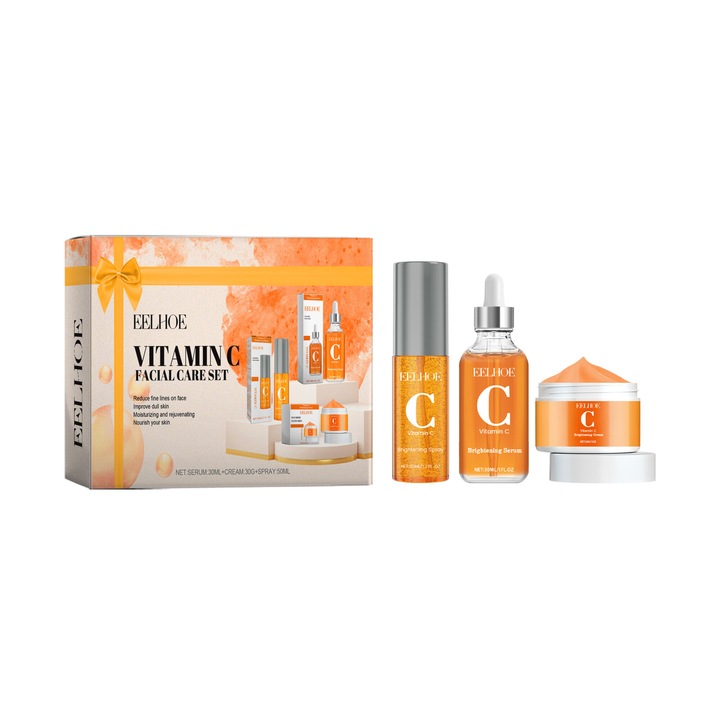 Set de ingrijire faciala cu vitamina C, Eelhoe, 30ml ser, 50ml crema, 100ml spray, multicolor