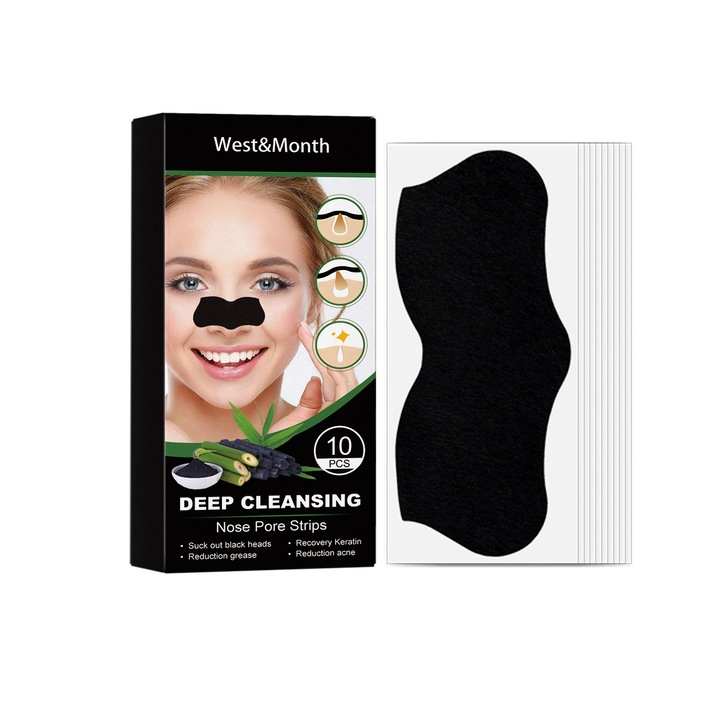 Masca pentru nas, West&Month, curatare profunda, 10-15 minute, culoare neagra, set de benzi pentru puncte negre