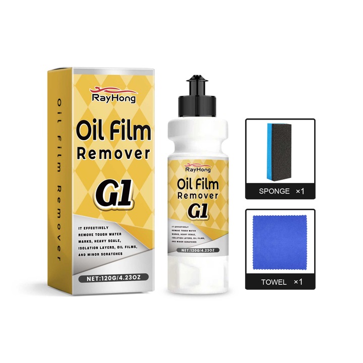 Stergator geam Rayhong, remover film de ulei, decontaminare parbriz, curatare, set cu burete si prosop