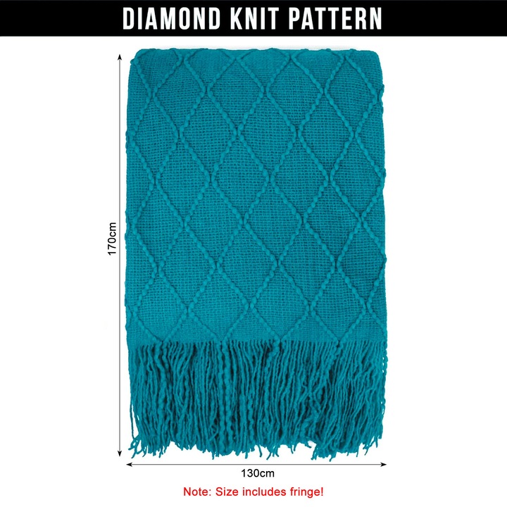 Patura Decorativa pentru Canapea, Axroad Mall, 130x170cm, Boho Crosetat Arunca Patura, Patura Tricotata cu Franjuri, Lavabil la masina, Usor de intretinut, Pentru pat, canapea sau living, Turcoaz