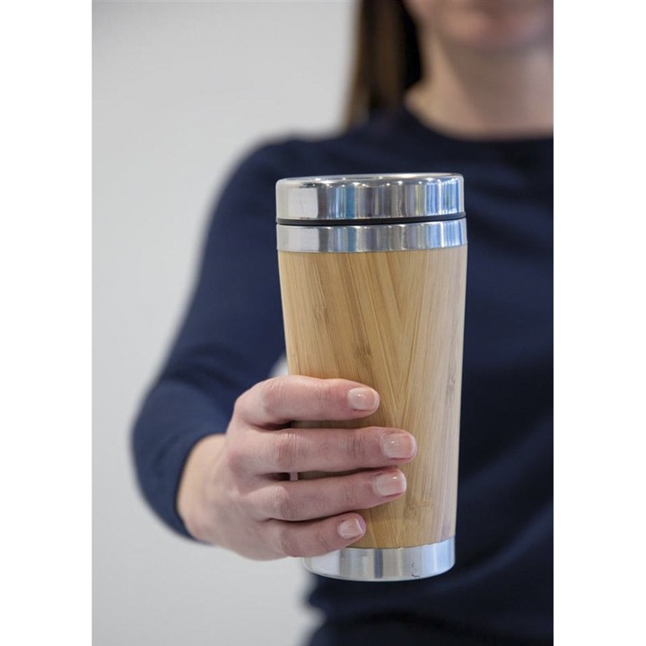 Cana termos Sasa, otel inoxidabil si bambus, 450 ml