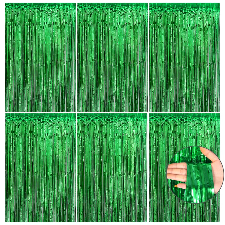 Set 6 bucati perdea decorativa, Perdele cu ciucuri stralucitoare, perde din sarma metalica, Perdele cu ciucuri din folie metalica verde, pentru petreceri aniversare, decorarea vacanta, fundal foto, verde
