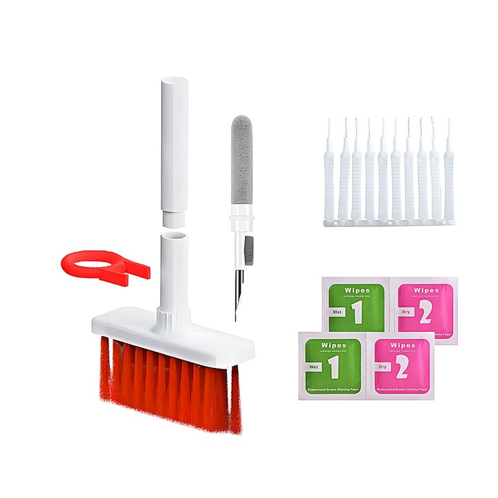 Kit de curatare casti 7 in 1 pentru AirPods, casti wireless, aparat foto, tastatura, piese lego, cu 5 capete diferite, Rosu