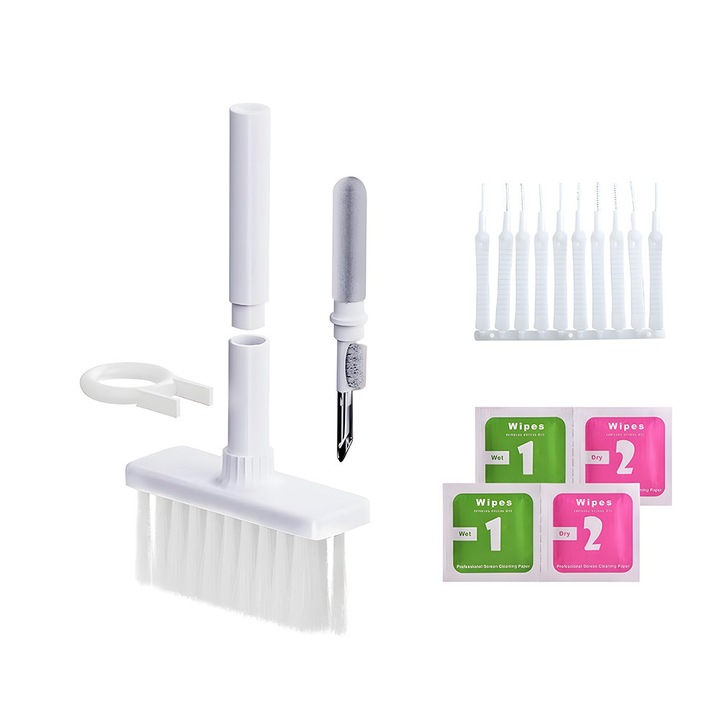Kit de curatare casti 7 in 1 pentru AirPods, casti wireless, aparat foto, tastatura, piese lego, cu 5 capete diferite, alb