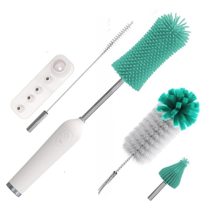 Perie electrica pentru biberoane si sticle 3 viteze, 4 capete de perie, 1 tija telescopica, incarcare prin calbu USB, Impermiabilitate IPX7, putere 7W, Alb/Verde, Potrivit pentru sticle de toate dimensiunile, maner durabil, antiderapant, 5 in 1