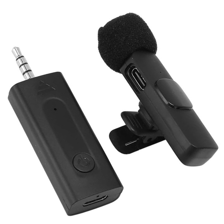 Set Microfon + Recepto, Negru, Interviu in aer liber, Baterie de capacitate mare, Reducere inteligenta a zgomotului, Asociere automata