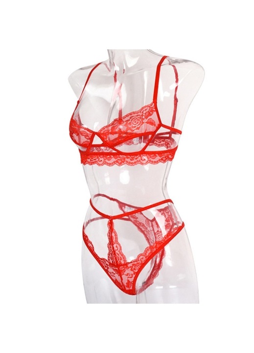 Lenjerie sexy, set 2 piese, sutien si chilot tanga, model super hot, dantela, rosu, marimea L, sexy Craciun, Babydoll, jartiere, Gene tivite cu dantela, camisol respirabil cu broderie ajurata, Set de trei piese cu sani expusi