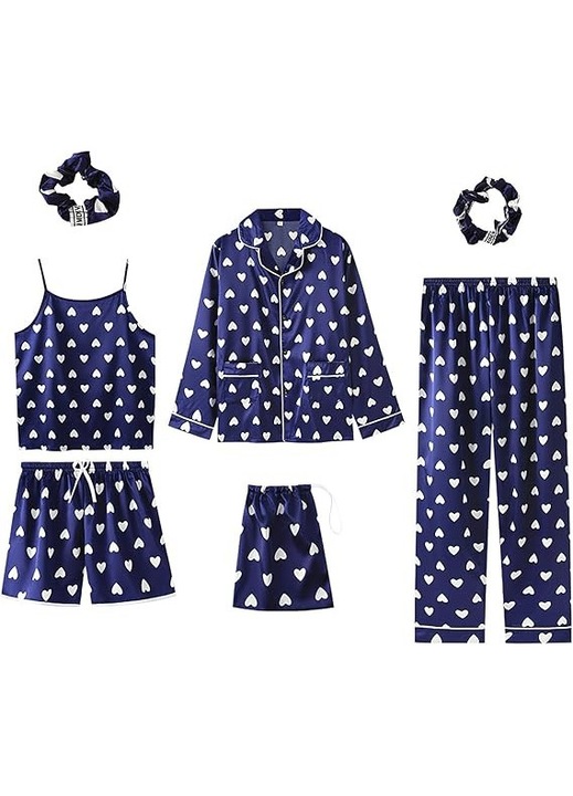 Pijama dama 4 in 1, haine de stat in casa, 7 piese, satin, camasa, maieu, pantalon lung si chilot tip pantalon scurt, albastru cu inimioare, Marimea L, patru anotimpuri, Pijamale din imitatie de matase