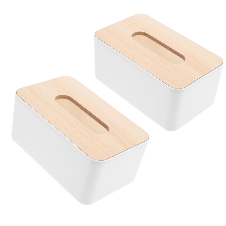 Set 2 cutie decorativa pentru servetele, ZGGZERG, Constuctie robusta, Cu capac din, Utilizarea convenabila, Rezistenta de lunga durata, Usor de utilizat si de depozitat, Pentru birou, masina, restaurant, Lemn+PP, 21*13*9cm, Alb unt