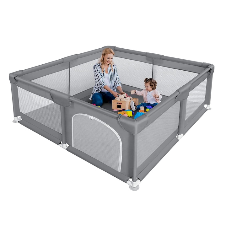 Кошара за игра за бебета, ZGGZERG, Кошара за игра за бебета и деца, Със защита за ъгли, Защитна мрежа, Включва врата с цип, Чанта за носене, Възраст 0-5 години, Защита за ъгли, Плат, 180*200 см, Сив