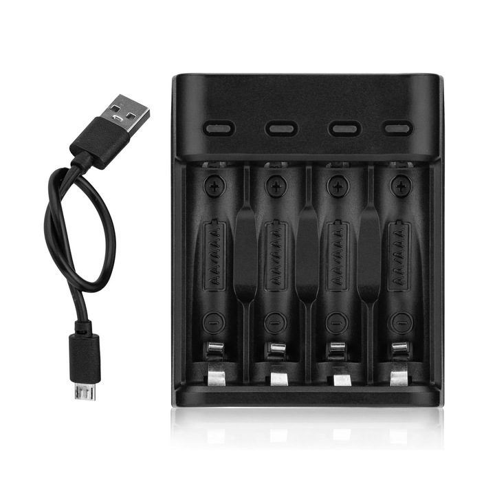 Akkumulátortöltő, ZGGZERG, AA/AAA/NiCd/NiMh akkumulátortöltő, 4 nyílással, Micro USB, Töltésjelző fény, Akkumulátorfeszültség 1,2 V, Polikarbonát, Hordozható és biztonságos, 7,5 * 6,3 cm, Fekete