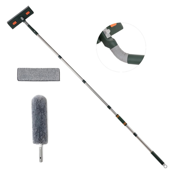 Stergator de geamuri telescopic multifunctional, ZGGZERG, Mop 4 in 1 spalator geamuri, Cu perie cu maner scurt, panza de schimb, Rotire de 180 de grade, Indepartarea prafului si a staticului, Plastic, Otel inoxidabil, 206cm+55cm, Verde+Frasin