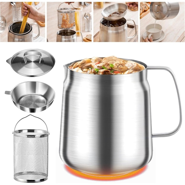 Mini-friteuza din otel inoxidabil, 1,5L, cu filtru si cos de prajit