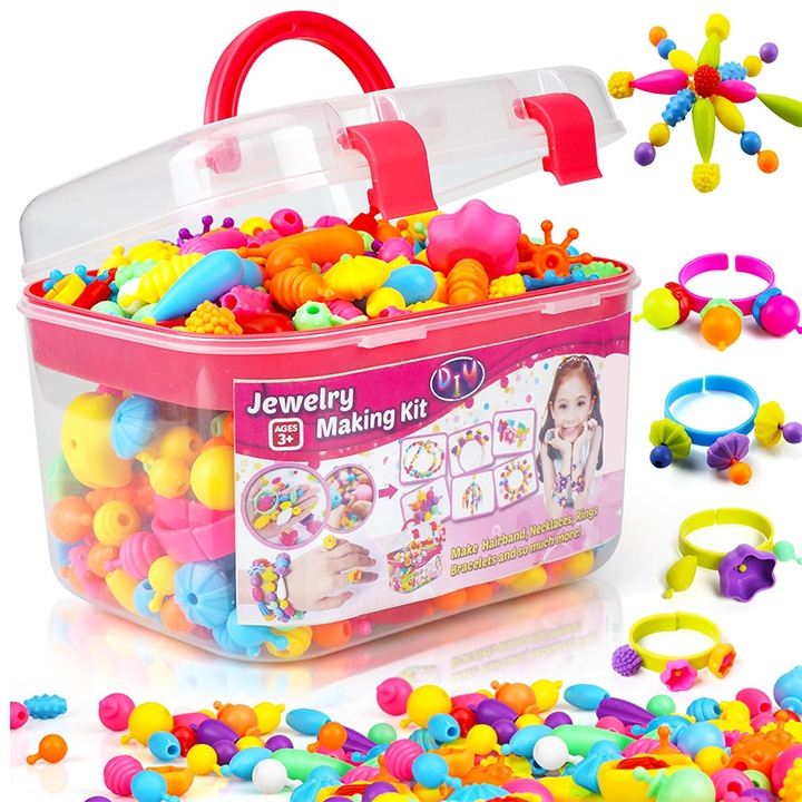 Set de bijuterii pentru fete, 620 margele pop, bratari, bentite si inele, jucarii creative pentru copii, multicolor
