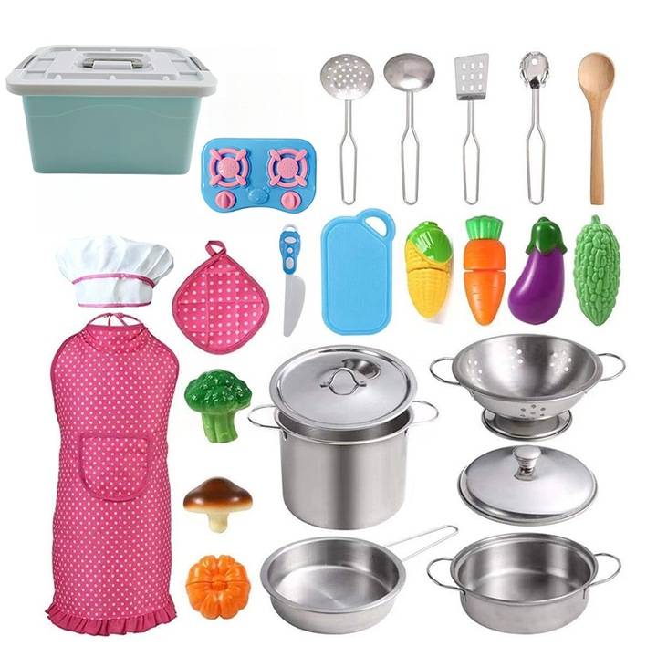 Set jucarii pentru bucatarie copii, include sorturi, manusi, palarii, tacamuri, ingrediente, 3 ani+, multicolor
