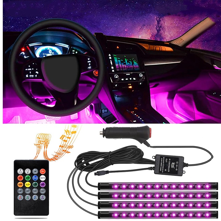 Banda LED auto RGB, 4 bucati, 72 LED-uri, 8 culori, senzor de sunet, control de la distanta, iluminare ambientala