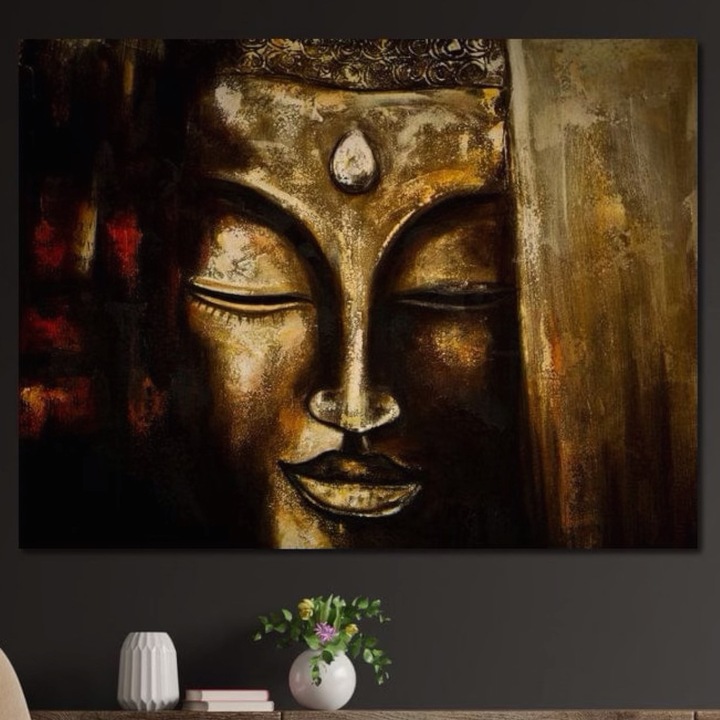 Prémium vászonfestés, LuxCanva® I111, arany megvilágítás, 60 X 80 CM, 100% pamut vászon 400 g/m2, fakeret, Buddha, meditáció, zen, harmónia, bölcsesség, béke, mantra, urna, lelkiség, pihenés, nappali