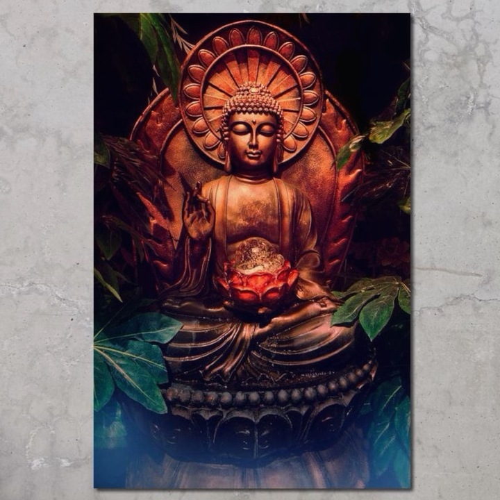 Премиум картина върху платно, LuxCanva® I114, Същност на медитацията, 100 X 150 см, 100% памучно платно 400 г/м2, дървена рамка, Буда, Дзен, Просветление, Вътрешен мир, Духовност, Лотос, Медитация, Хармония, Спокойствие, Аура, Хол, Спалня