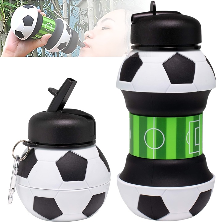 Sticla de apa pliabila, Dussdote, forma fotbal, 550ml, silicon, sporturi in aer liber, portabil, negru/alb