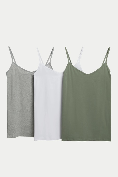Marks & Spencer, Set de topuri cu decolteu in V - 3 piese, Alb/Gri/Verde sparanghel