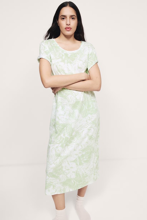 Marks & Spencer, Camasa de noapte din amestec de modal cu model floral si decolteu rotund, Alb/Verde pal, XS