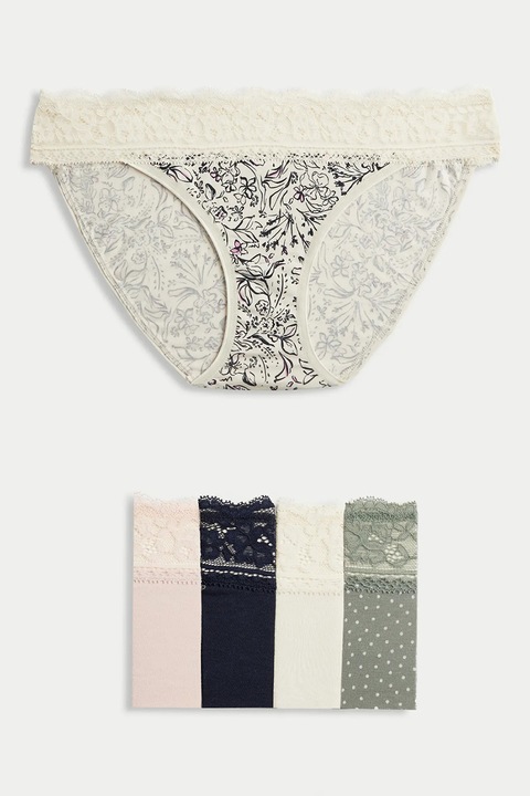 Marks & Spencer, Set de chiloti cu dantela in talie- 5 perechi, Verde pal/Crem