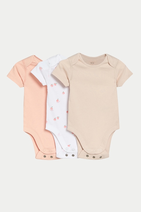 Marks & Spencer, Body-uri din bumbac cu imprimeu - 3 piese, Alb/Bej deschis