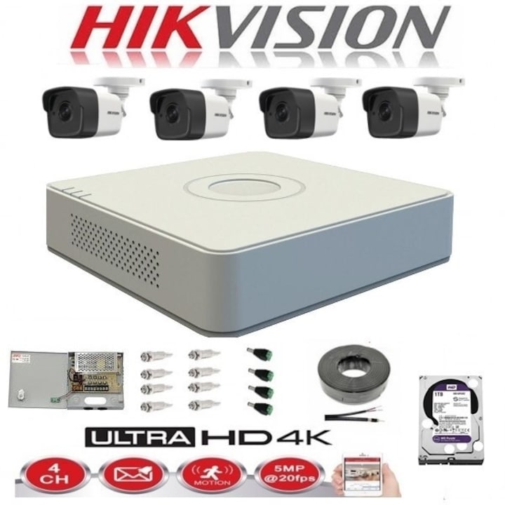 Kit supraveghere Hikvision 2 camere interior 4 in 1, 8MP, 2.8mm, IR 30m, DVR 4 canale 4K 8MP