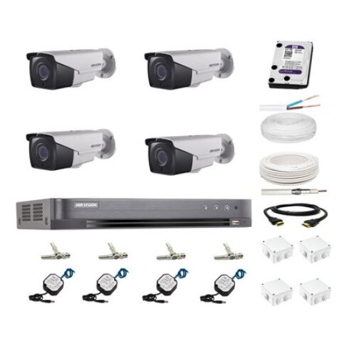 Kit complet 4 camere supraveghere full hd 80m IR Hikvision cu surse alimentare Pulsar cablu 100m si HDD 2TB WD