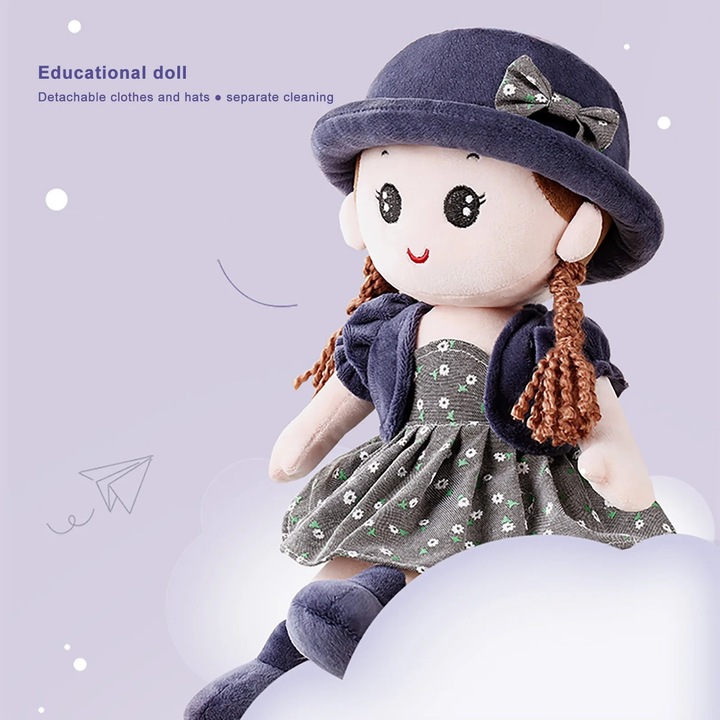 Papusa de plus YANYXR BCS3251830, ragdoll moale cu haine si palarie detasabile, lavabila, umplutura PP, multicolor, 35 cm
