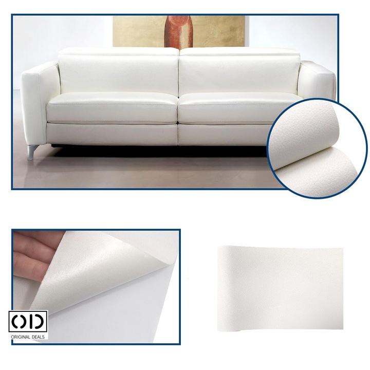 Piele Ecologica Autoadeziva pentru Reconditionare Canapea, Scaun Auto, Fotoliu, Genti, Posete, Haine, Model Texturat Alb, Dimensiune 60 cm x 137 cm, ORIGINAL DEALS