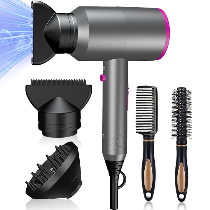 Professzionális ionos hajszárító, NAIXUES, Gyors, szalonszerű szárítás, 3 hőmérséklet-beállítás, 2 sebességfokozat, 1800 W, Hideg/Meleg gomb, 5 tartozékos készlet, Rózsaszín-szürke