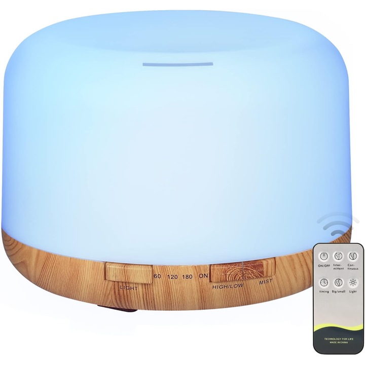 Ароматерапевтичен дифузер/ултразвуков овлажнител, 7-цветен LED, 500 мл, безшумен, атомизация, дистанционно управление, бял