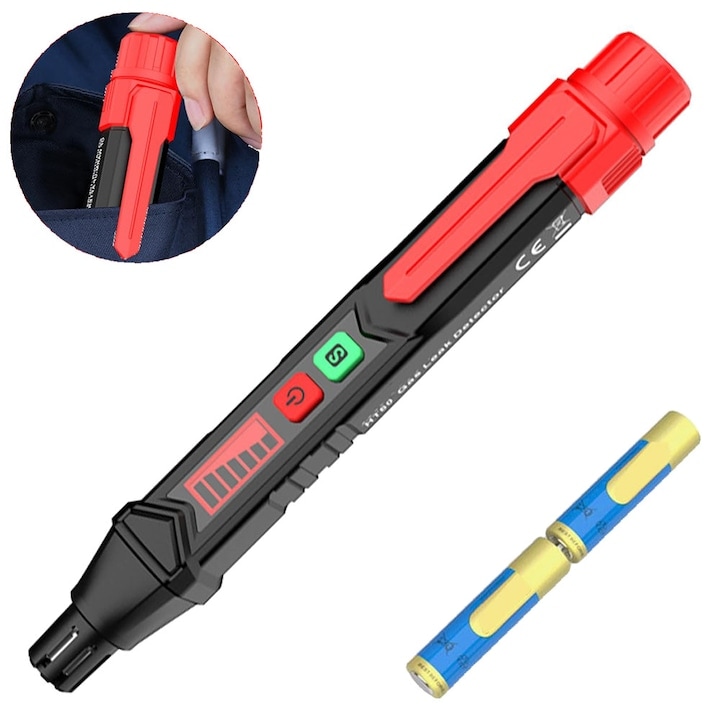 OEMG HT60 gázszivárgás-érzékelő, LCD kijelző, hang- és fényjelzéssel, fekete/piros