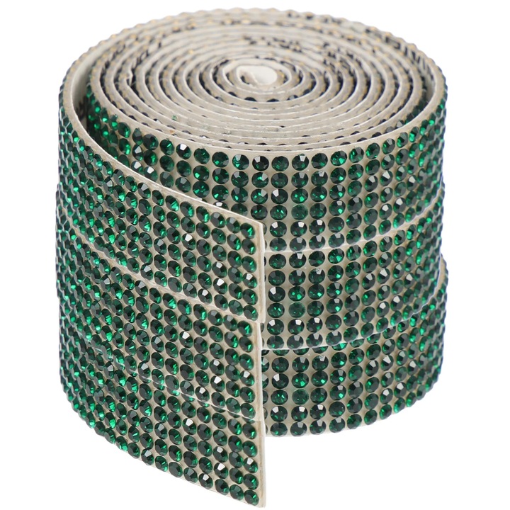 Banda autocolanta cu strasuri, verde, 90x1.3x0.1cm, set 3 role